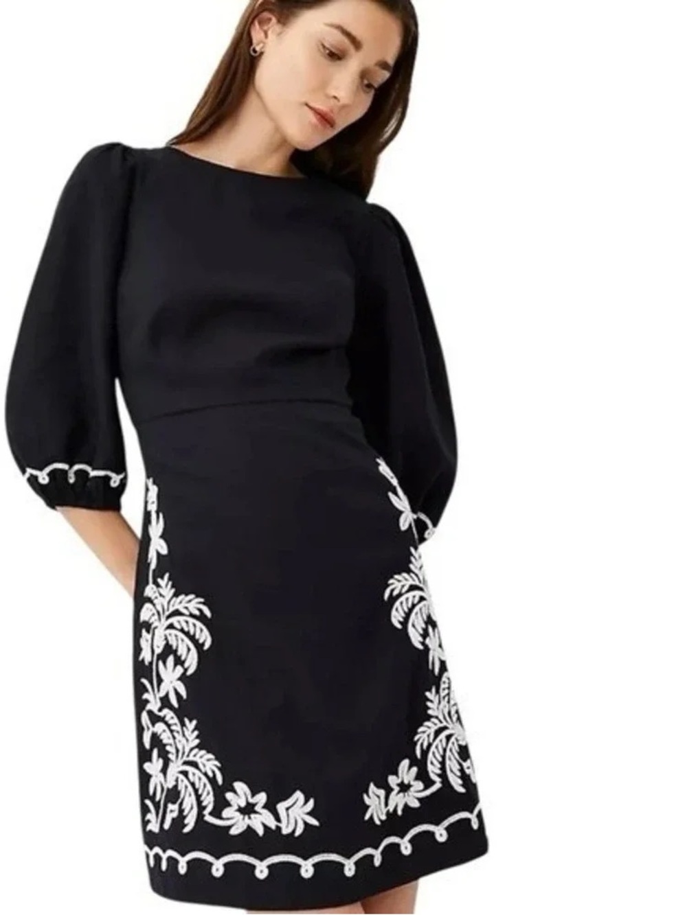 Ann Taylor Black Mini Dress with White Embroidered Trim Size 14